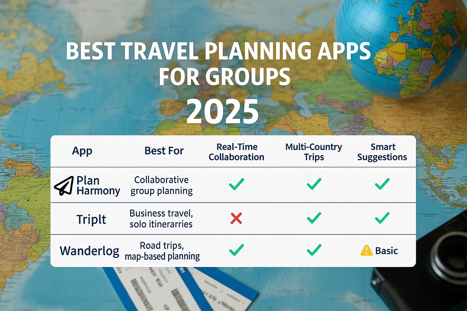 Cover image for article: Best Travel Planning Apps for Groups in 2025: Plan Harmony vs TripIt vs Wanderlog